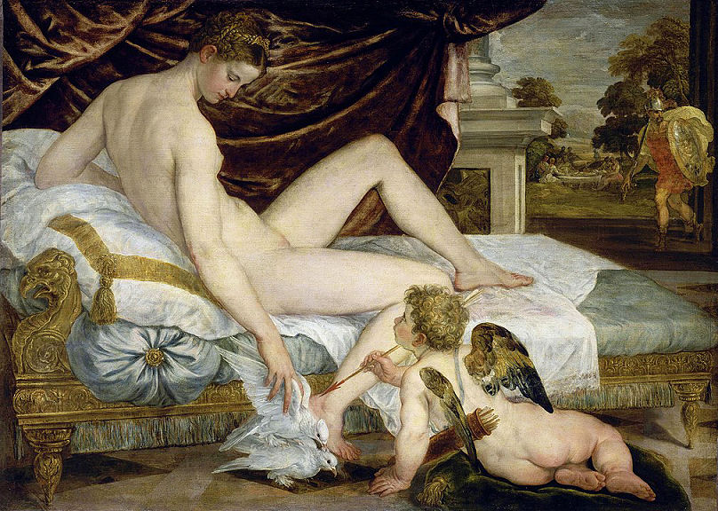 Lambert Sustris: "Venus mit  Amor und kopulierenden weißen Tauben".